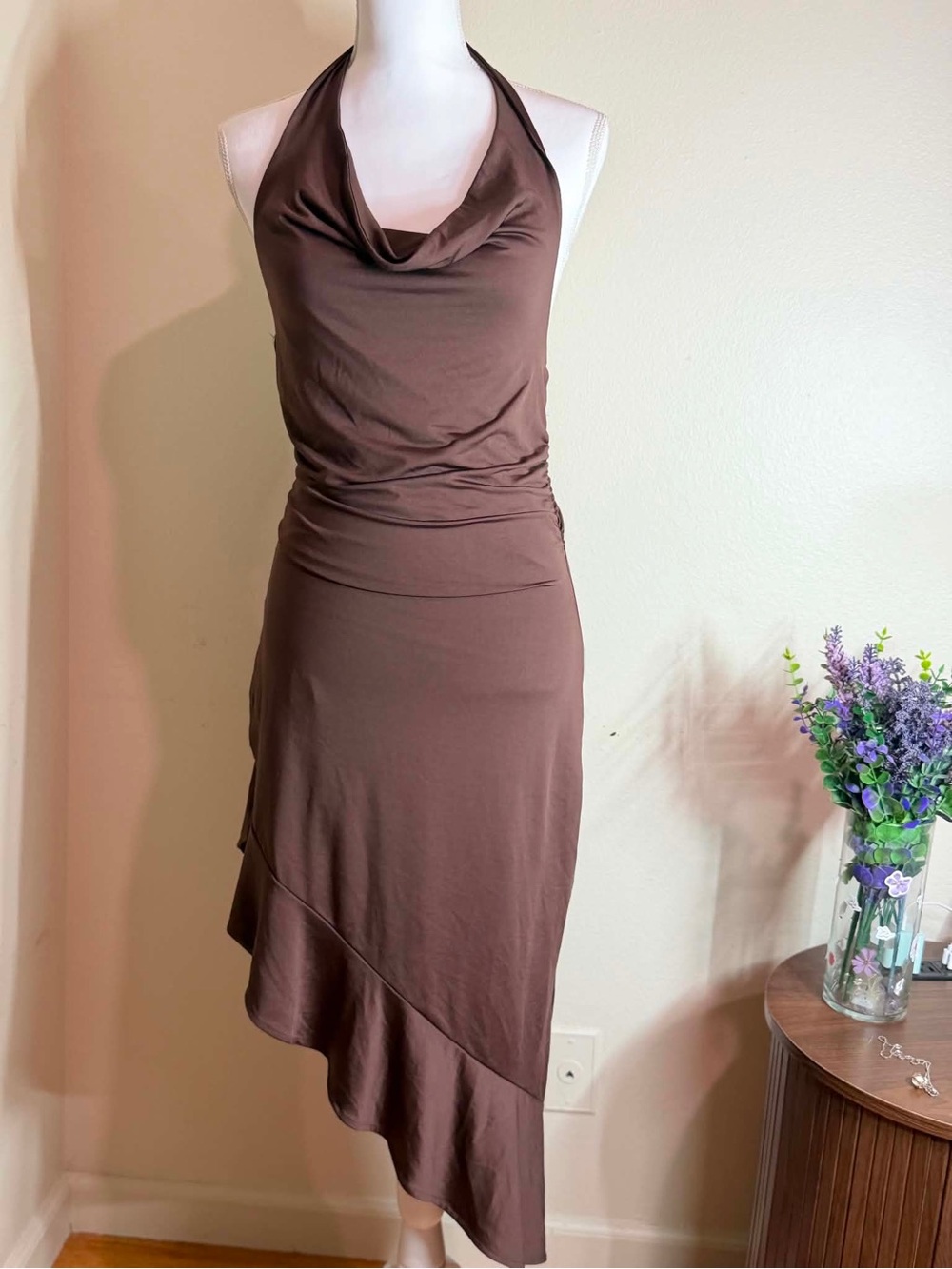 Derek Heart Brown Halter Cowl-Neck Asymmetrical Dress